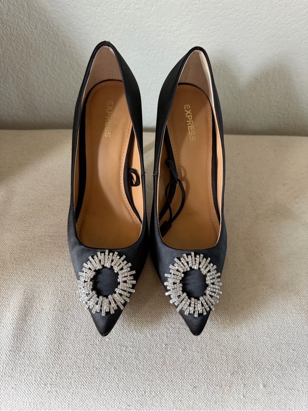 Express Black Satin Pointed Toe Pumps with Crystal Circle Accent
